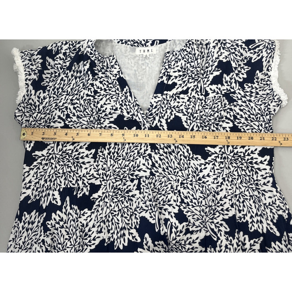 THML Babydoll Dress Small Blue White Floral V Neck Cap Sleeve Cottage Coastal - Picture 7 of 12